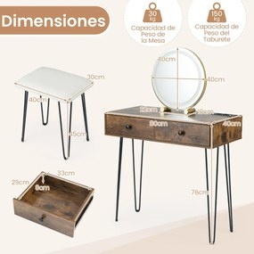 Toucador com espelho 80 x 40 x 76 cm e luzes e Estação de carregamento incorporada 2 gavetas com Banco castanho rústica