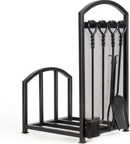 Estante para lenha com 4 ferramentas: pinça, escova, pá e atiçador para lareira 43,5 x 39,5 x 69,5 cm