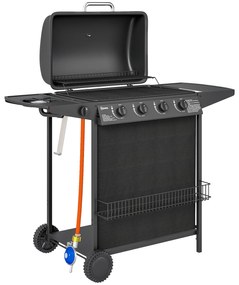 Outsunny Barbecue a Gás com 4+1 Queimadores 12 kW Termómetro Mesa Lateral Grelha Recolhedor de Gordura 2 Rodas 121x54x97 cm Preto