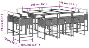 11 pcs conjunto de jantar p/ jardim com almofadões vime PE bege