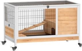 PawHut Coelheira de Madeira Gaiola de para Pequenos Animais Portátil com Teto Abatível Rampa Bandeja Amovível 90x53x59cm Madeira | Aosom Portugal