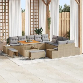 Conjunto de Sofá de Jardim de 13 Peças com Almofadas Bege Polyrattan Acácia