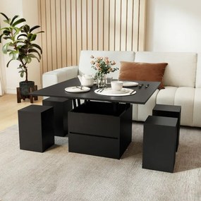 Mesa de centro elevável conversível em mesa de jantar para 4 pessoas com 4 bancos 3 em 1 extensível com e gaveta Preta