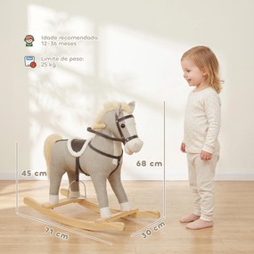 Cavalo de Baloiço com Sons e Pegas de Segurança, Base de Madeira, 12-36 Meses, Cinzento