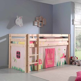 Conjunto Cama alta de Criança PINO 90 x 200 cm + estrado + escada + cortina Princesa Natural