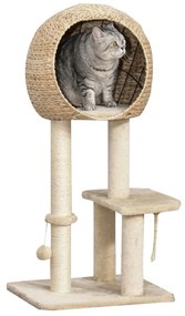 PawHut Arranhador Vertical Felinos Plataformas Caverna Brincar Poste Sisal Resistente 48x40x100cm Bege Confortável Durável | Aosom Portugal