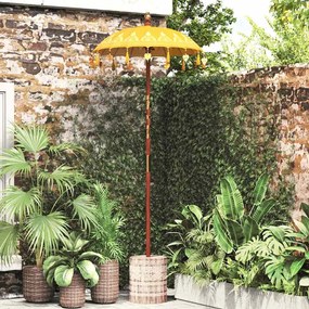 Parasol com Base Amarelo, Castanho 250 cm Algodão, Madeira