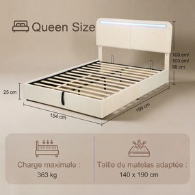 Cama de Casal com Arrumação, 199 x 154 x 108 cm (COLCHÃO NÃO INCLUIDO), Iluminação LED RGB, Creme