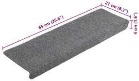 Tapetes de escada 5 pcs 65x21x4 cm agulhado cinzento-claro
