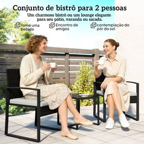 Conjunto de Móveis de Jardim de 3 Peças em Vime PE com Cadeiras Mesa de Vidro Temperado e Almofadas Castanho e Creme