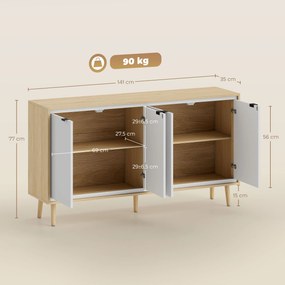 Aparador, móvel de arrumação com 4 portas 141 x 35 x 77 cm, prateleiras ajustáveis,  branco e cor carvalho