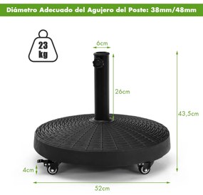 Base para guarda-sol de 43,5 cm em resina, carga 23 kg com rodas bloqueáveis, orifício ajustável para poste, design em rattan Preto