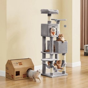 Arranhador com 2 plataformas superiores e 2 cavernas 49 x 40 x 155 cm cinzento