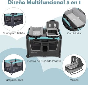 Berço dobrável 5 em 1 com berço removível 103 x 74 x 73 cm, trocador e bolsa de transporte com rodas Centro de cuidados portátil cinza + verde