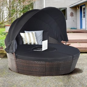 Cama de jardim redonda com Toldo retrátil Assentos separados Almofadas de vime de rattan Mesa de café Jardim Pátio castanho e Preto