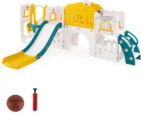 Conjunto de baloiço e escorrega 10 em 1 para crianças com cesto de basquetebol telescópico e corredor infantil Verde + Amarelo