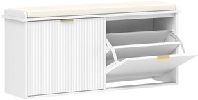 Banco Sapateira Móvel Sapateira Estreito com Assento Estofado 2 Caixas Rebatível e Painel de Ripas 104x26x47,5 cm Branco