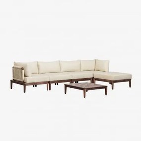Conjunto De Jardim Com Sofá Modular De 4 Peças Com 2 Poltronas De Canto, Mesa De Centro E Puff Em Acácia Giulia Crema - Sklum