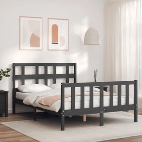 Estrutura de cama de casal com cabeceira madeira maciça cinza