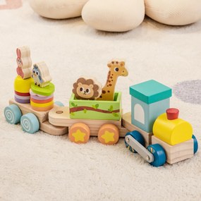 Conjunto de comboio educacional com brinquedos de animais, blocos empilháveis, carros de madeira divertidos para mais de 3 anos