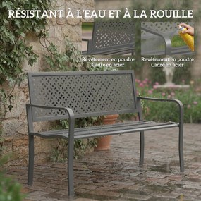 Banco de jardim em metal 127 x 61 x 85 cm, para duas pessoas, com encosto geométrico resistente à ferrugem e braços, cinzento