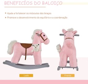 Cavalo Baloiço para Crianças de 18-36 Meses Cavalo de Balançar com Ursinho de Pelúcia Sons de Relinchos e Galopes base de Madeira 65x26x55cm Rosa