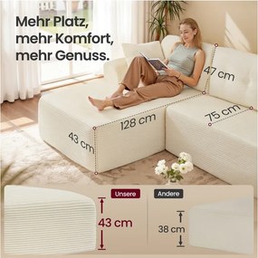 Sofá de canto sem Montagem modular 150 x 244 x 73 cm com chaise longue branco creme