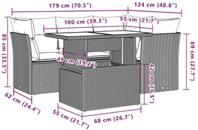 5 pcs conjunto sofás de jardim c/ almofadões vime PE cinzento