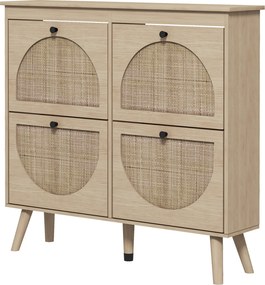 Sapateira com 4 portas basculantes, capacidade para 20 pares, prateleira ajustável, estilo boémio, pés em madeira maciça, 105 x 24 x 97,5 cm, acabamen