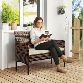 Sofá de Exterior em Rattan de 2 Lugares Sofá de Jardim com Almofada Lavável Estrutura de Aço para Varanda Caqui