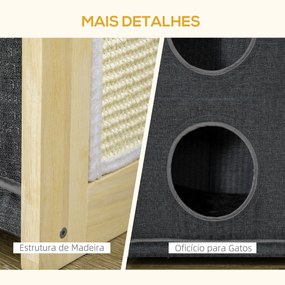 Casa para Gatos de Madeira em Forma de Barril Arranhador para Gatos Casa para Gatos de Interior com 2 Almofadas Amovíveis e Laváveis 40x40x70cm Cinza