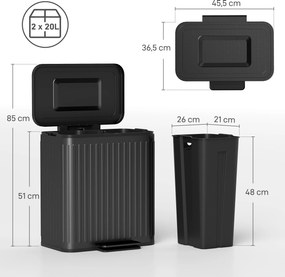Caixote do lixo com dois compartimentos de 2 x 20 L, 45,5 x 36,5 x 51 cm com pedal, baldes interiores removíveis, preto