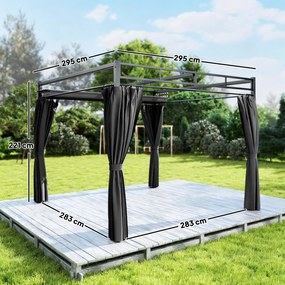 Pérgola de Jardim 295x295x221 cm com Teto Retrátil e Cortinas UPF30+ Estrutura Metálica Pérgola para Exterior Cinzento Escuro