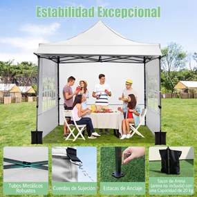Tenda dobrável de 3x3 m com 3 paredes laterais, altura ajustável, 4 sacos de areia, cordas, estacas e saco com rodas para festas e acampamento, branca