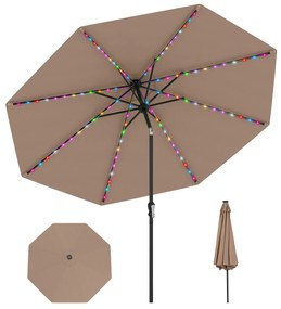 Guarda-sol de 300 cm com iluminação LED solar, 9 modos de iluminação, guarda-sol de jardim com manivela, café