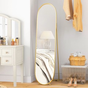 Espelho de Pé Oval 160x40 cm Espelho de Corpo Inteiro com Moldura Metálica Suporte e 2 Formas de Utilização Dourado