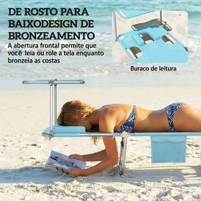 Conjunto de 2 Espreguiçadeiras Dobráveis com Dossel 360° Encosto 5 Posições Orifício Facial 188x56x27 cm Azul Claro