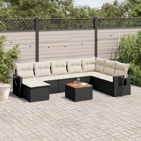 9 pcs conjunto de sofás p/ jardim c/ almofadões vime PE preto