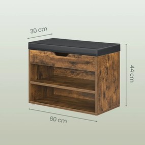 Banco com sapateira, almofada estofada, 3 níveis 30 x 60 x 44 cm castanho vintage