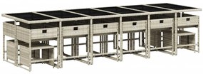 17 pcs conj. jantar jardim c/ almofadões vime PE cinzento-claro