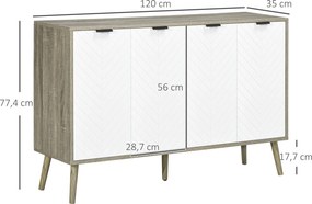 Aparador cozinha baixo 120 x 35 x 77,4 cm com 2 armários de 4 portas, padrão em espinha, prateleiras ajustáveis, branco e cinzento