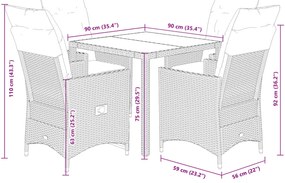 5 pcs conjunto de jantar p/ jardim c/ almofadões vime PE preto