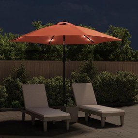 Guarda-sol de jardim c/ luzes LED e poste aço 300 cm terracota
