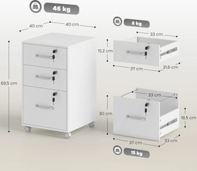 Bloco gavetas de Secretária com Rodas, 40 x 40 x 69,5 cm, 3 Gavetas com Fechadura, Branco