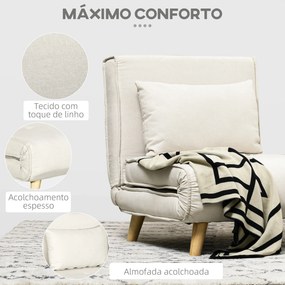 Sofá Cama Individual Poltrona Cama Dobrável Estofada em Linho Sintético com Encosto Ajustável em 6 Posições 72x78x79 cm Creme