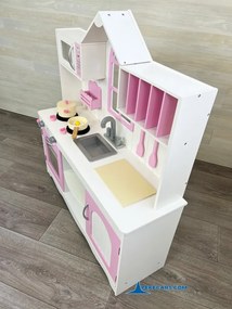 Cozinha de brincar infantil de madeira branca e rosa com forno e micro-ondas