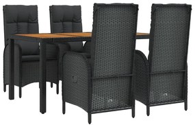5 pcs conjunto de jantar p/ jardim c/ almofadões vime PE preto
