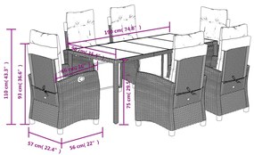 7 pcs conjunto de jantar p/ jardim c/ almofadões vime PE cinza