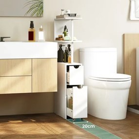 Armário de arrumação estreito de casa de banho 45 × 20 × 114 cm compacto, com prateleiras abertas, gaveta extraível e carrinho branco