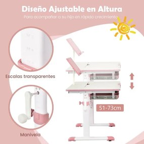 Conjunto 2 em 1 de secretária e cadeira para crianças Secretária ajustável em altura e ângulo com cadeira ergonómica giratória Rosa